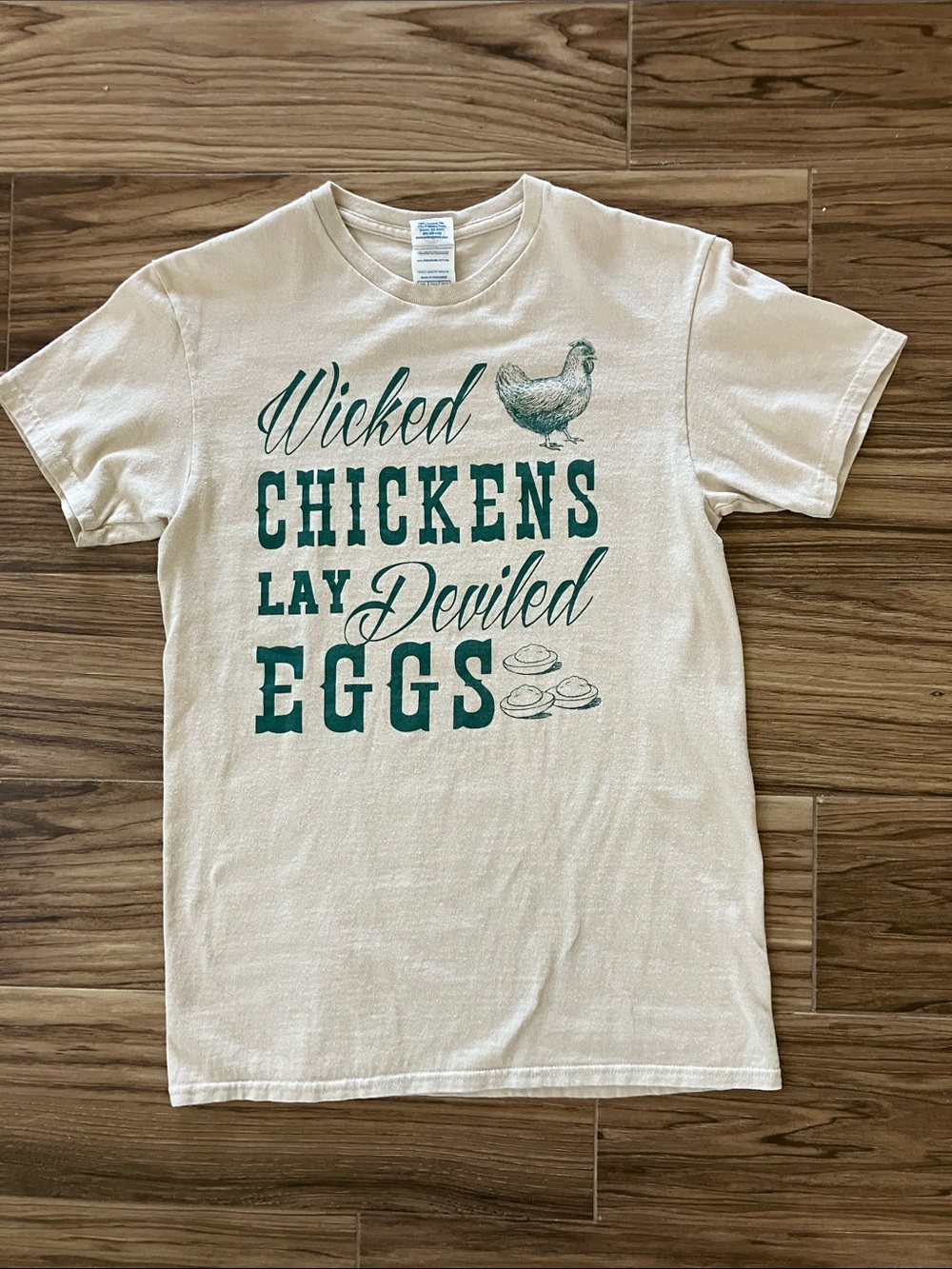 Delta Cream Short Sleeve Tee with Green 'Wicked Chickens Lay Deviled Eggs' Print
